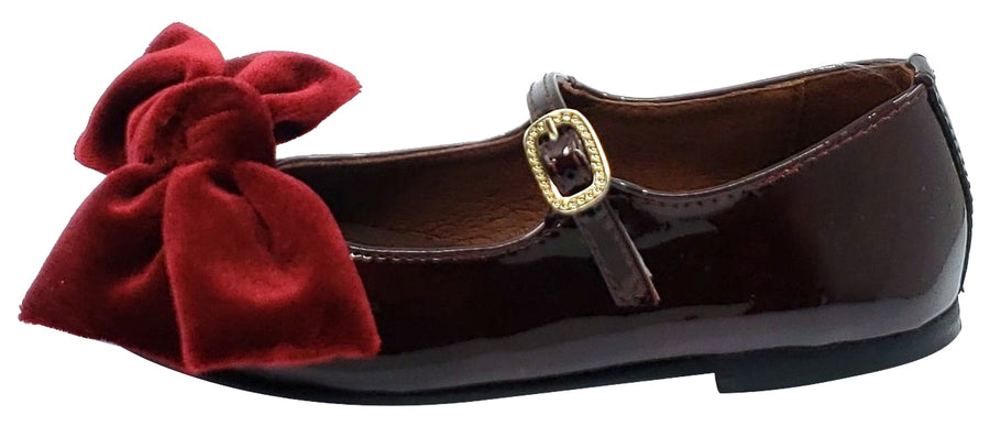 Clarys Girl's Patent Leather Mary Jane with Velvet Bow, Burgundy Patent