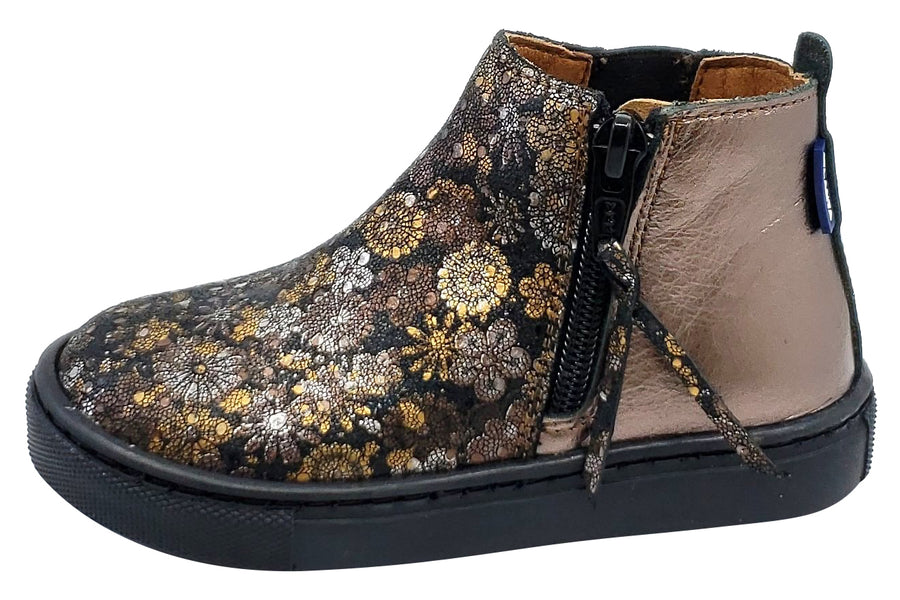 Atlanta Mocassin Girl's Size Zip Leather High-Top Sneaker Booties, Old Gold/Floral