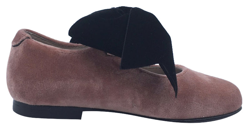Hoo Shoes Girl's Velvet Mary Jane, Pink with Big Black Bow
