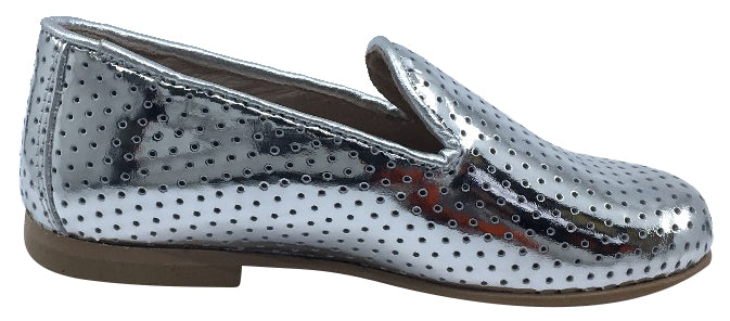 Hoo Shoes Smoking Loafer, Silver Perforated Leather