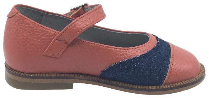 Luccini Girl's Pebble Coral and Denim Adjustable Buckle Mary Jane