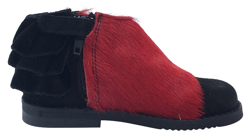Luccini Girl's Ruffle Back Bootie, Black Suede/Red Pony Hair
