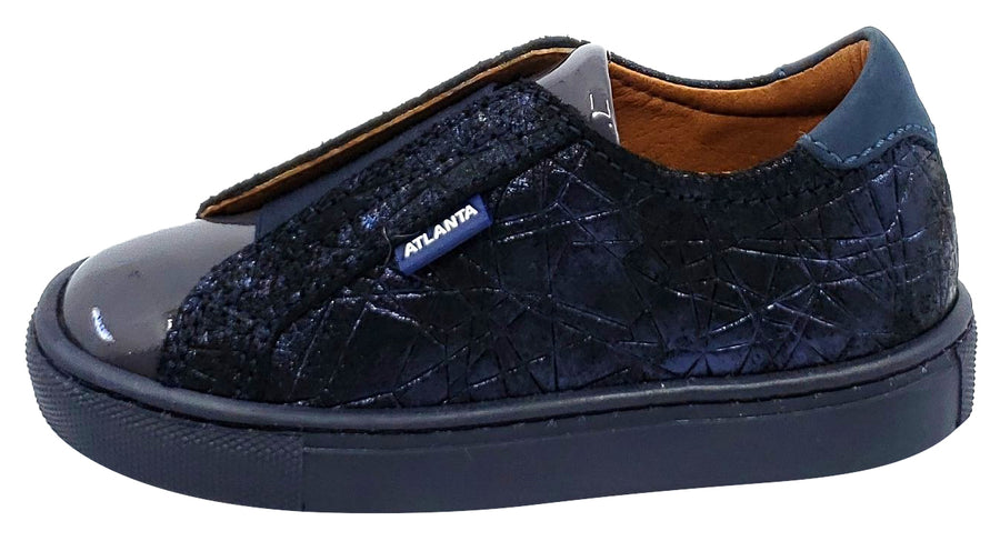 Atlanta Mocassin Girl's Patent/Leather Slip-On Sneakers, Navy/Grey