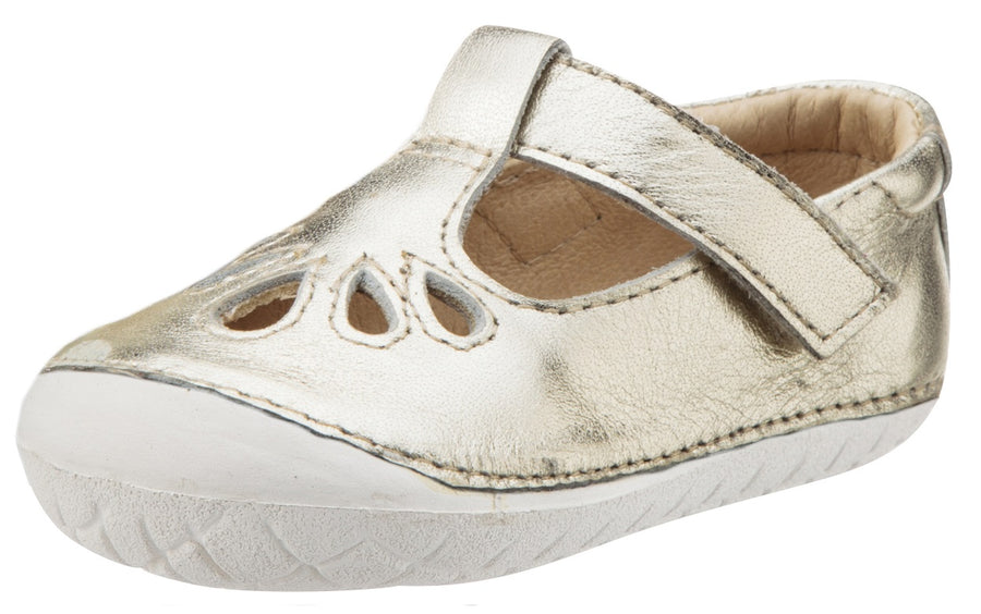 Old Soles Girl's Pave Petal Gold Leather T-Strap with White Sole