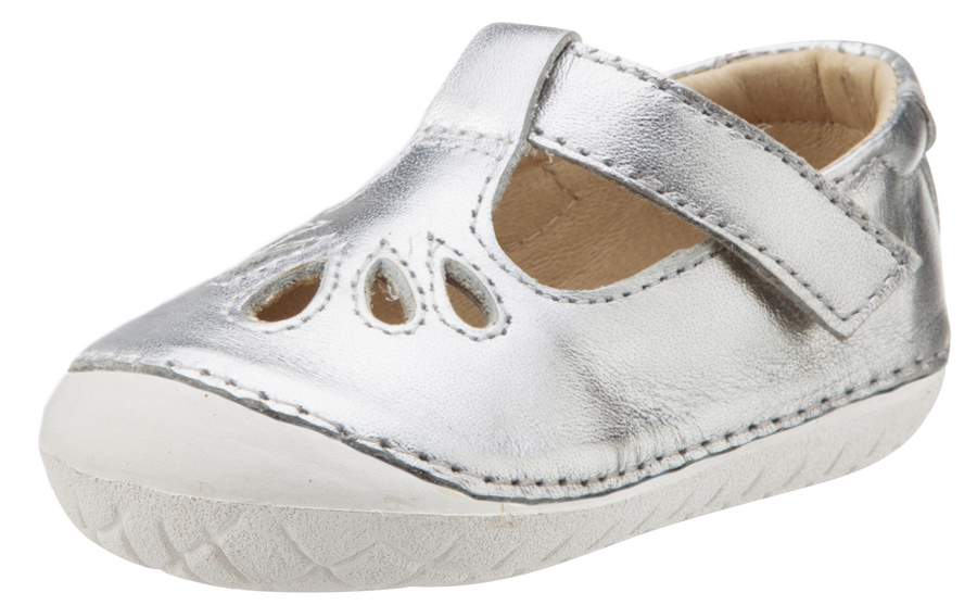 Old Soles Girl's Pave Petal Silver Leather T-Strap with White Outsole