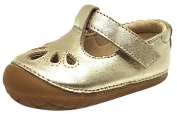 Old Soles Girl's Pave Petal Gold Leather T-Strap Hook and Loop Floral Mary Jane Walking Shoe