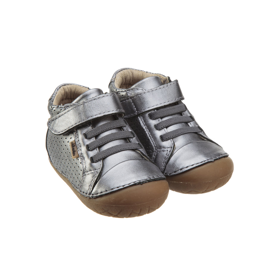 Old Soles Girl's Pave Cheer Rich Silver Leather High Top Elastic Hook and Loop Walker Baby Shoe Sneaker