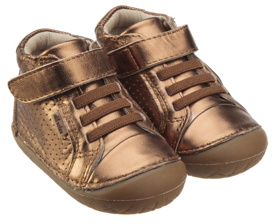 Old Soles Girl's Pave Cheer Old Gold Leather High Top Elastic Hook and Loop Walker Baby Shoe Sneaker