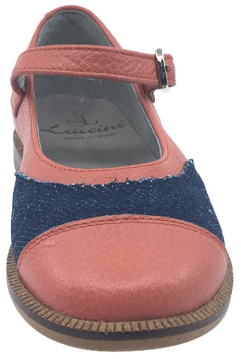 Luccini Girl's Pebble Coral and Denim Adjustable Buckle Mary Jane