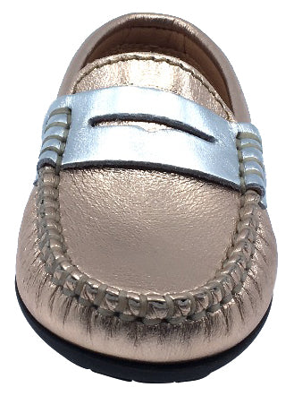 Atlanta Mocassin Girl's Leather Penny Loafers, Rose Gold/Silver