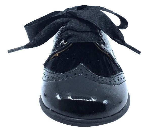 Andanines Boy's and Girl's Ribbon Tie Oxford, Black Patent/Black