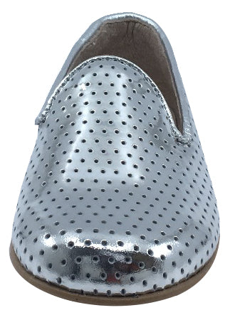 Hoo Shoes Smoking Loafer, Silver Perforated Leather