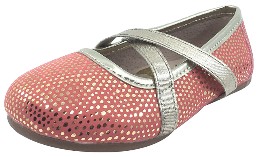 Livie & Luca Girl's Aurora Golden Speckle Coral Pink with Trim Slip On Ballet Flat with Criss-Crossing Elastic Straps