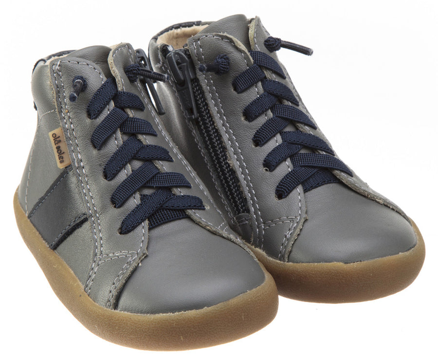 Old Soles Boy's and Girl's Riser Grey Navy Leather Racer Stripe Lace Side Zipper Slip On High Top Sneaker