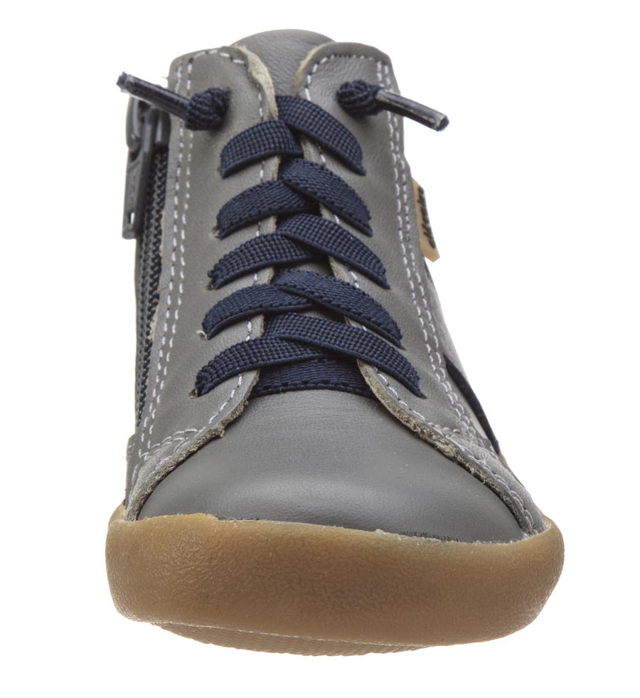 Old Soles Boy's and Girl's Riser Grey Navy Leather Racer Stripe Lace Side Zipper Slip On High Top Sneaker