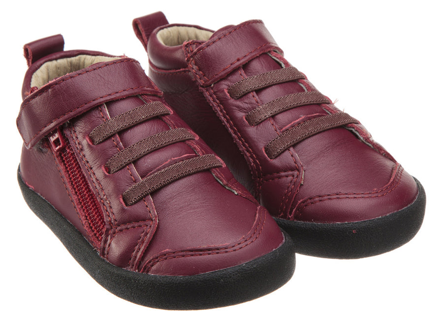 Old Soles Boy's and Girl's Steps Burgundy Leather Elastic Lace Hook and Loop Strap Side Zipper Sneaker