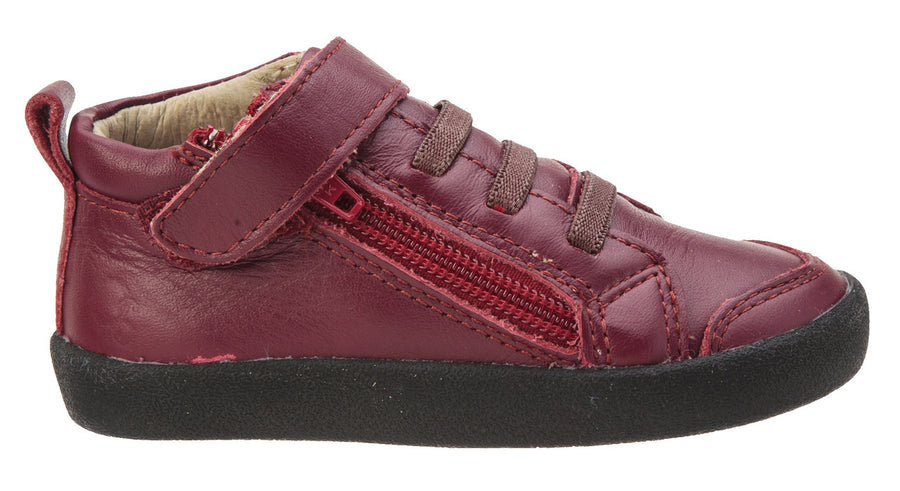 Old Soles Boy's and Girl's Steps Burgundy Leather Elastic Lace Hook and Loop Strap Side Zipper Sneaker