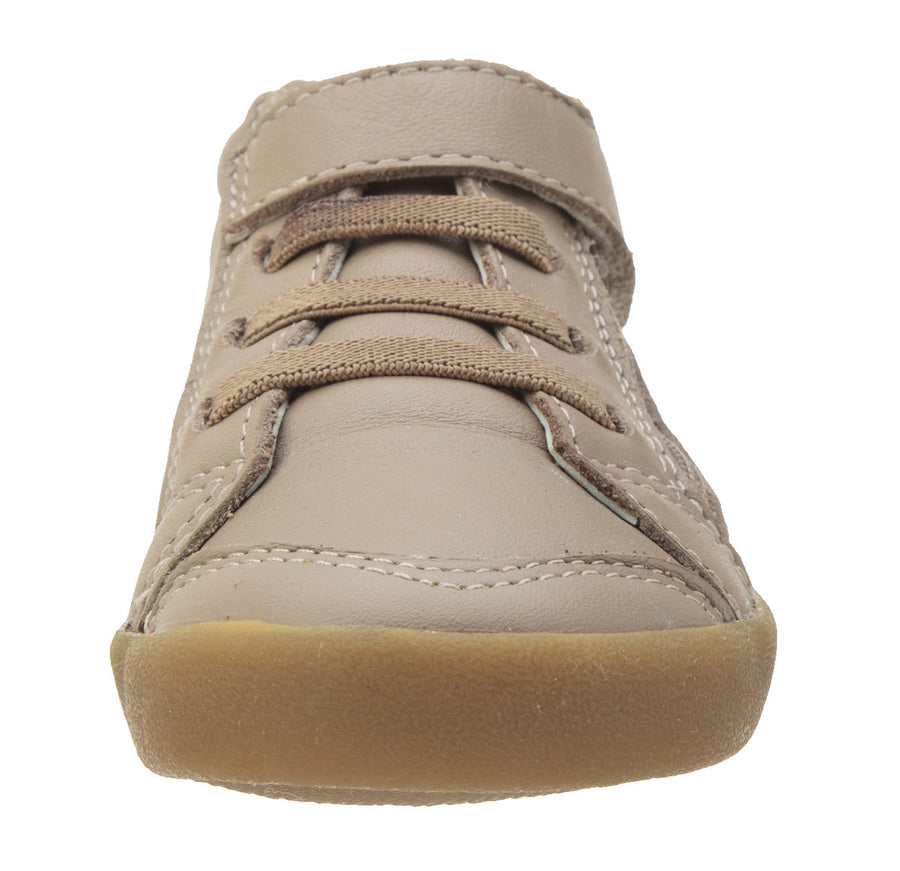 Old Soles Boy's and Girl's Steps Taupe Leather Elastic Lace Hook and Loop Strap Side Zipper Sneaker