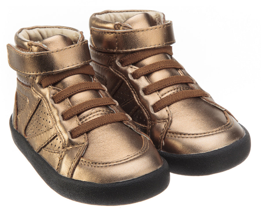 Old Soles Girl's and Boy's The Leader Old Gold Perforated Metallic Leather Elastic Lace Hook and Loop High Top Sneaker