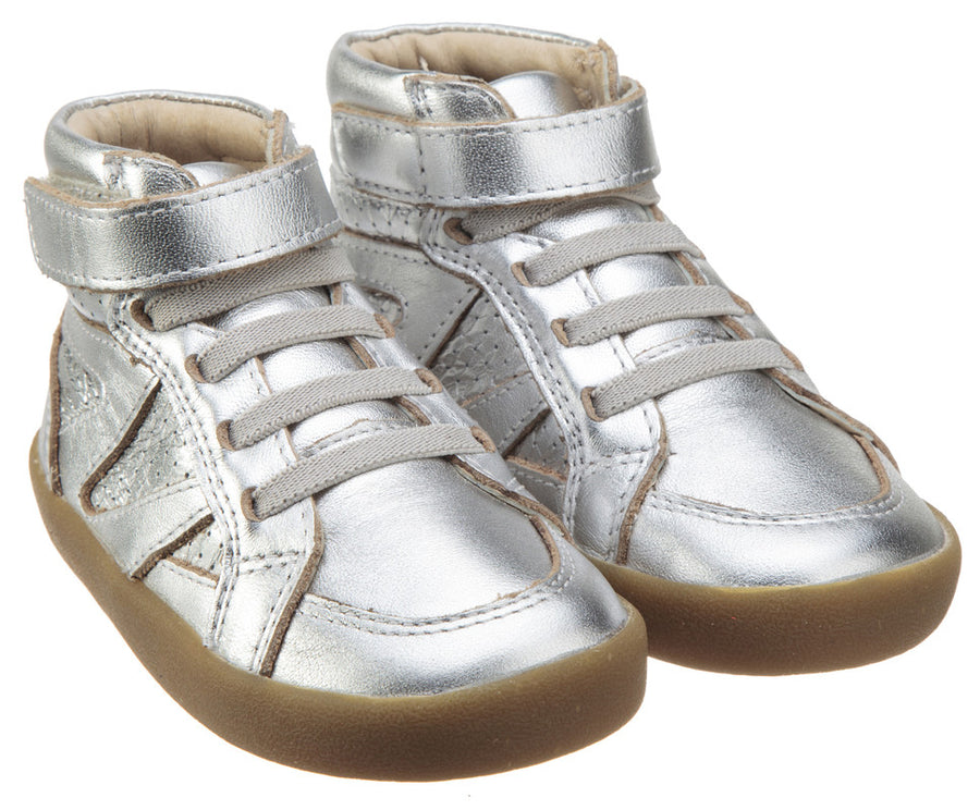 Old Soles Girl's and Boy's The Leader Silver Perforated Metallic Leather Elastic Lace Hook and Loop High Top Sneaker