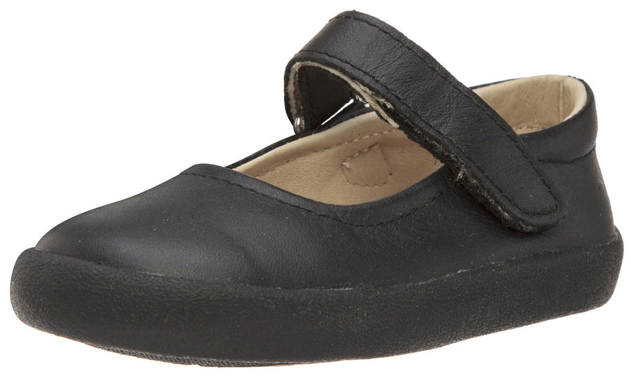 Old Soles Girl's Missy Shoe Black Leather Hook and Loop Mary Jane Flat Shoe