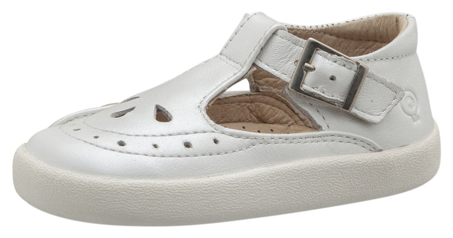 Old Soles Girl's 5011 Royal Shoe Premium Leather T-Strap Sneaker Shoe, Nacardo Blanco / White Sole