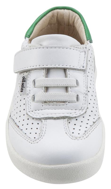 Old Soles Girl's & Boy's 5013 Mr Lee White and Green Leather Slip On Sneaker Shoe with Hook and Loop Strap
