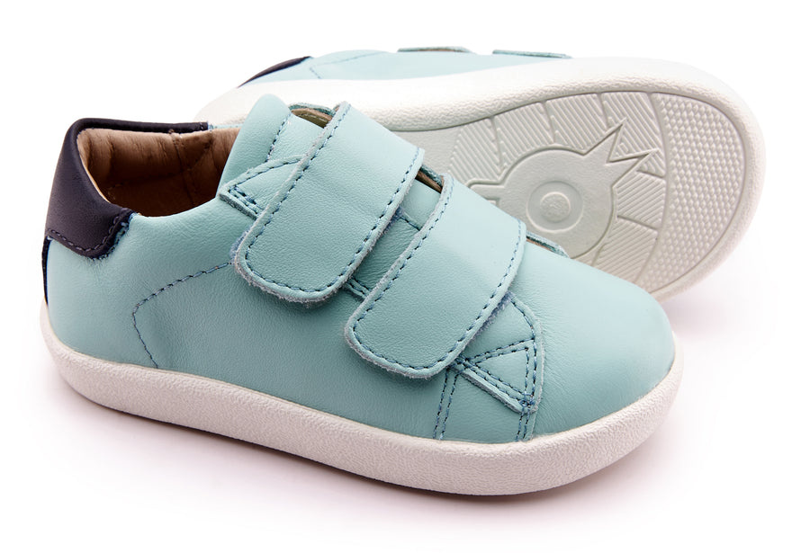 Old Soles Boy's & Girl's 5017 Toddy Shoe Jade and Navy Leather Bicolor Sneaker Shoe with Double Hook and Loop Straps