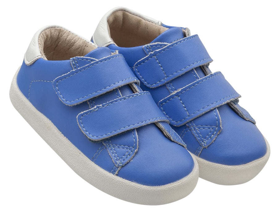 Old Soles Boy's & Girl's 5017 Toddy Shoe Neon Blue and Snow Leather Bicolor Sneaker Shoe with Double Hook and Loop Straps