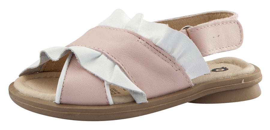 Old Soles Girl's Ruffle-Leen Leather Sandals, Powder Pink/Snow