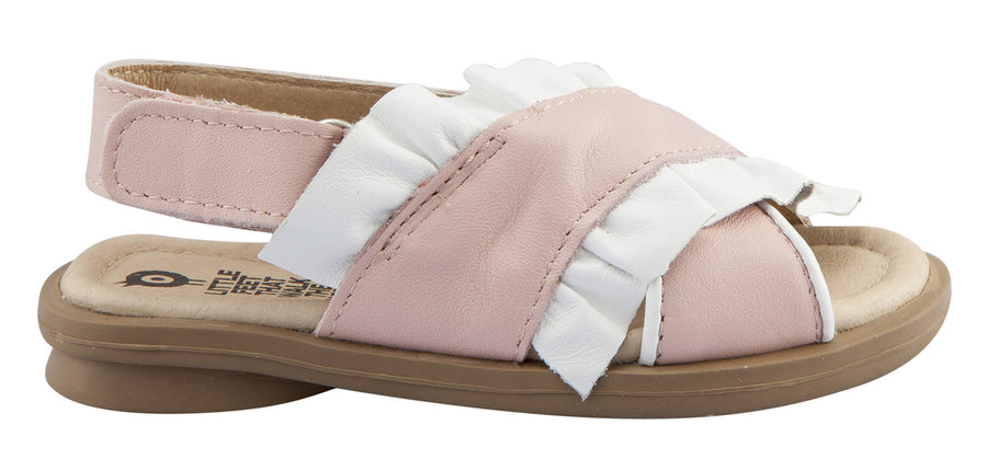 Old Soles Girl's Ruffle-Leen Leather Sandals, Powder Pink/Snow