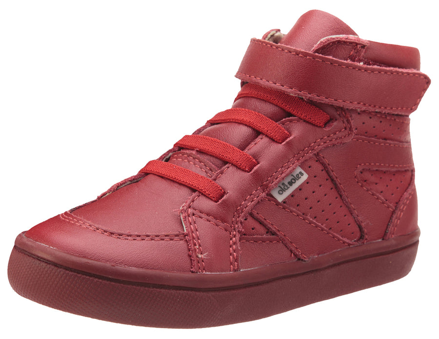 Old Soles Girls and Boy's Starter Shoe Red Perforated Leather Zig Zag Design Elastic Lace Hook and Loop High Top Sneaker