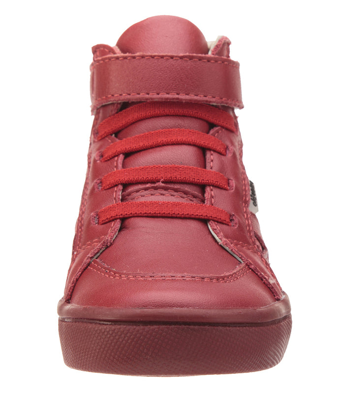 Old Soles Girls and Boy's Starter Shoe Red Perforated Leather Zig Zag Design Elastic Lace Hook and Loop High Top Sneaker