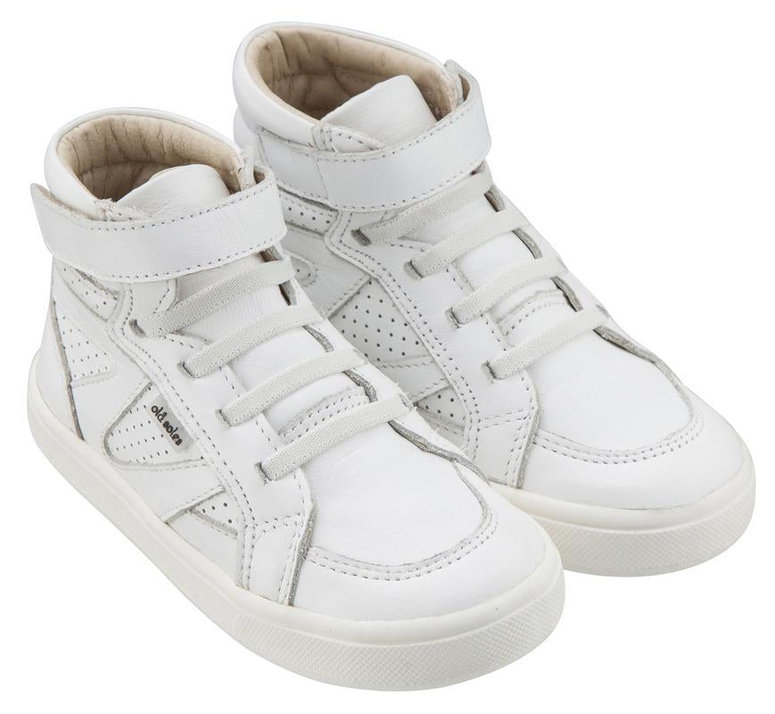 Old Soles Boy's & Girl's 6001 Starter Shoe White Perforated Leather Zig Zag Design Elastic Lace Hook and Loop High Top Sneaker