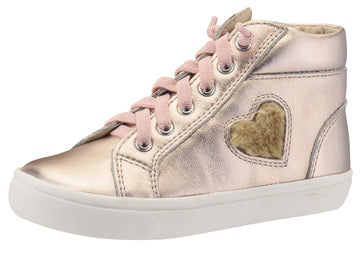 Old Soles Girl's 6015 Heart Felt High Top Copper Smooth Leather Lace Up Side Zipper Plush Fur Heart Sneaker