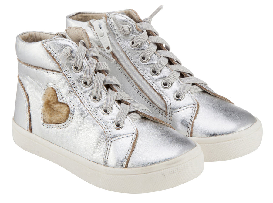 Old Soles Girl's 6015 Heart Felt High Top Silver Smooth Leather Lace Up Side Zipper Plush Fur Heart Sneaker