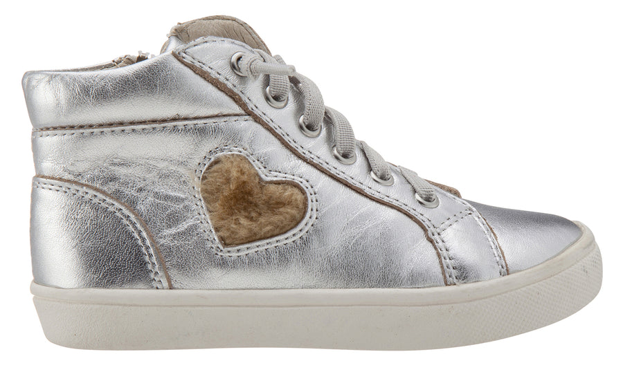 Old Soles Girl's 6015 Heart Felt High Top Silver Smooth Leather Lace Up Side Zipper Plush Fur Heart Sneaker