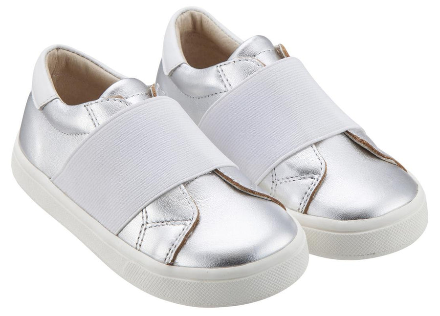 Old Soles Girl's & Boy's 6018 Master Shoe Silver Leather White Wide Banded Slip On Sneaker Shoe