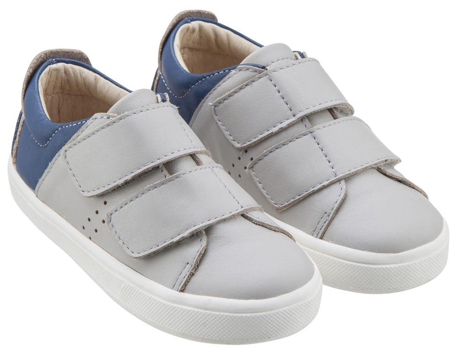 Old Soles Boy's & Girl's 6024 Toko Shoe Grey and Denim Blue Leather Bicolor Sneaker Shoe with Double Hook and Loop Straps