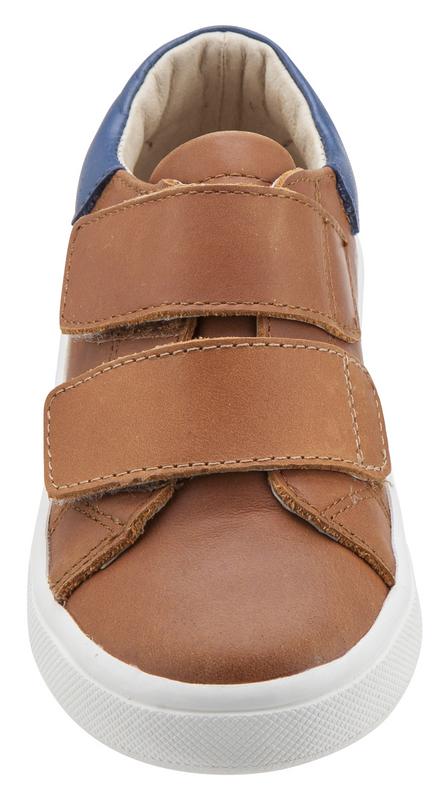 Old Soles Boy's & Girl's 6025 Cast Away Runner Tan with Denim Blue Back Piece Leather Bicolor Sneaker Shoe with Double Hook and Loop Straps