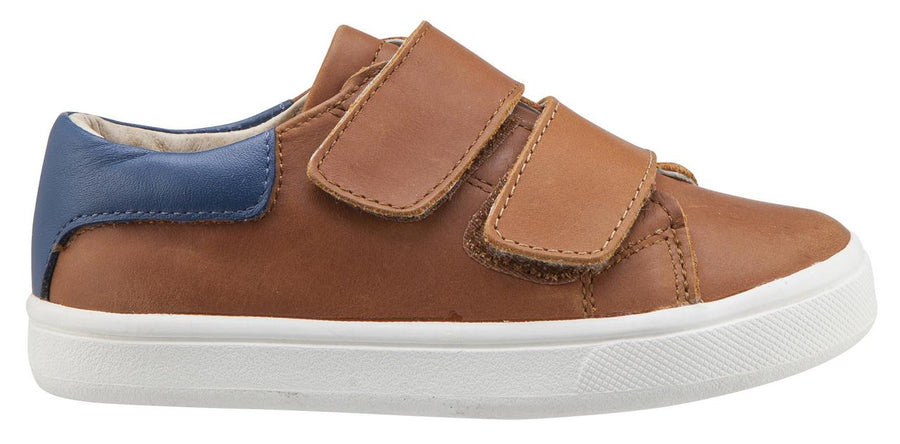 Old Soles Boy's & Girl's 6025 Cast Away Runner Tan with Denim Blue Back Piece Leather Bicolor Sneaker Shoe with Double Hook and Loop Straps