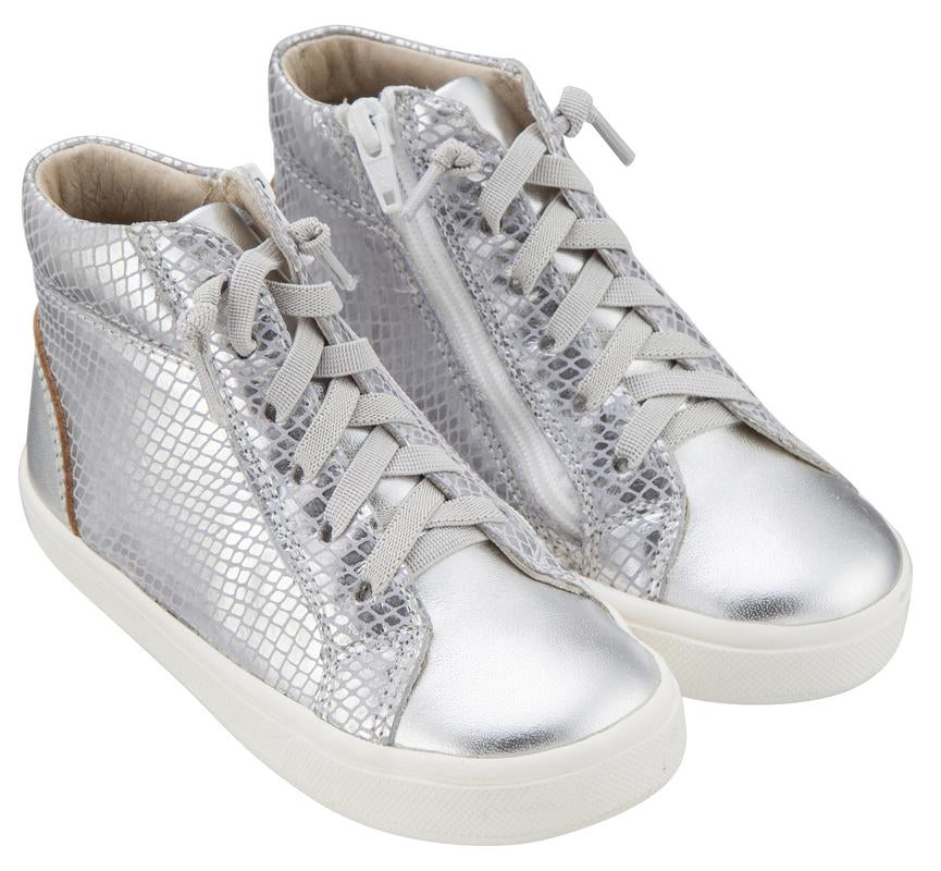 Old Soles Boy's & Girl's 6029 Ring Shoe Silver Metallic Leather Snake Print Embossed Elastic Lace Side Zipper High Top Sneaker