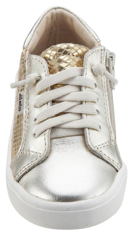 Old Soles Boy's & Girl's 6030 Thor Runner Gold Snake and Metallic Gold Dual Color Leather with Faux Laces and Side Zipper Sneaker Shoe