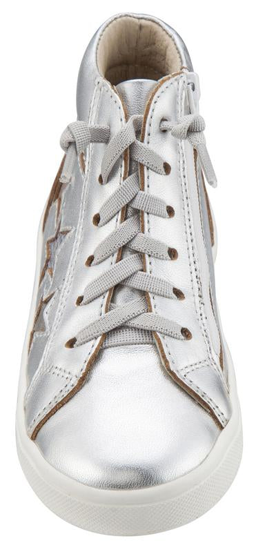 Old Soles Girl's and Boy's 6033 Stardom Silver Smooth Leather with Stars Elastic Lace Side Zipper High Top Sneaker