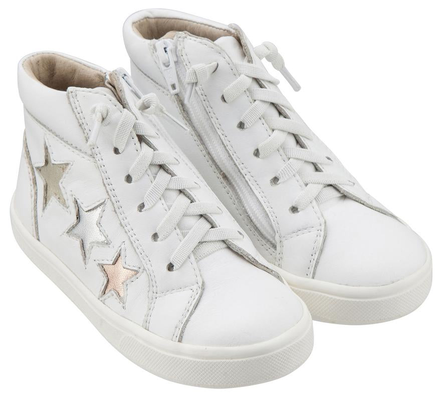 Old Soles Girl's and Boy's 6033 Stardom White Smooth Leather with Stars Elastic Lace Side Zipper High Top Sneaker