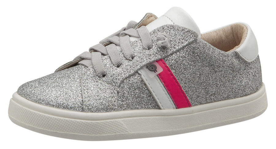 Old Soles Girl's Glambo Leather Sneakers, Glam Argent/Snow/Neon Pink/Silver