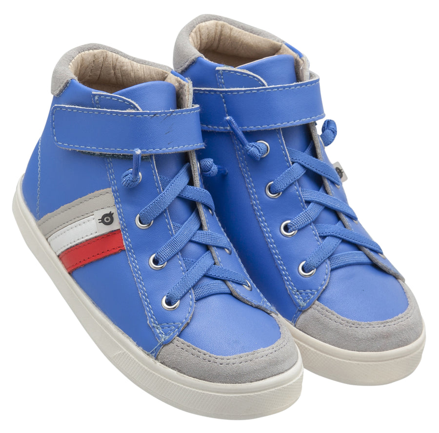 Old Soles Boy's and Girl's  Glambo High Top Leather Sneakers, Neon Blue/Bright Red/Snow/Gris