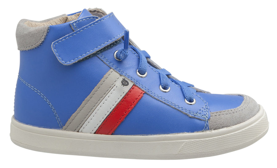 Old Soles Boy's and Girl's  Glambo High Top Leather Sneakers, Neon Blue/Bright Red/Snow/Gris