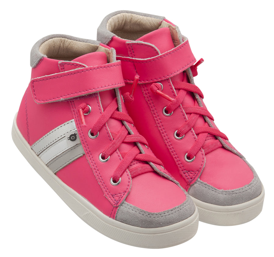 Old Soles Girl's Glambo High Top Leather Sneakers, Neon Pink/Gris/Snow/Silver