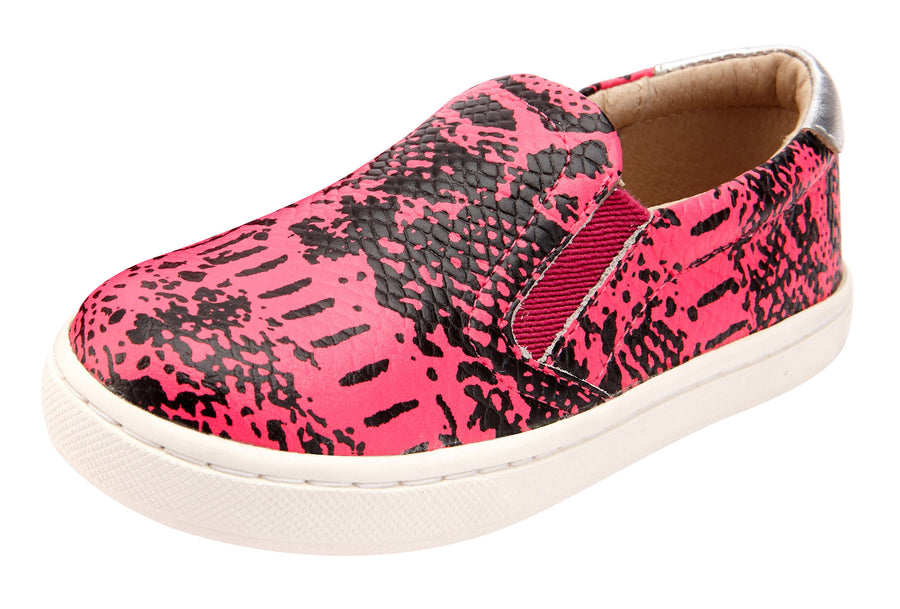 Old Soles Boy's and Girl's 6097 Hoff Style Leather Slip On Sneaker Shoe - Neon Pink Snake/Silver